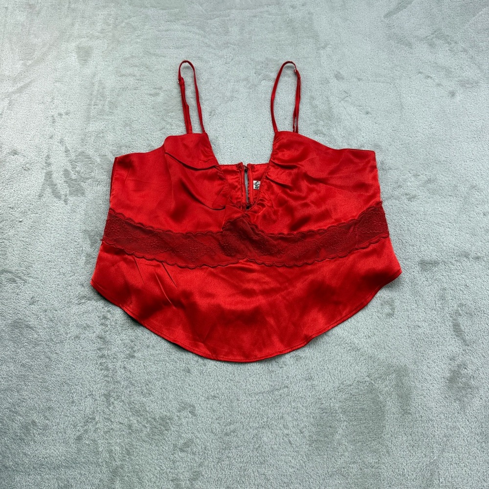 Free People Camisole Women M Red Satin Lace Trim V-Neck Y2K Lingerie Chic Boho